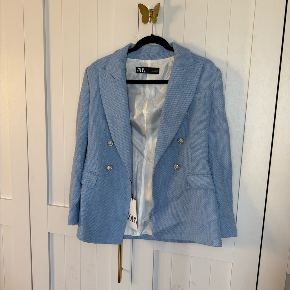 Zara Women's Soft Blue Blazer with Silver Buttons